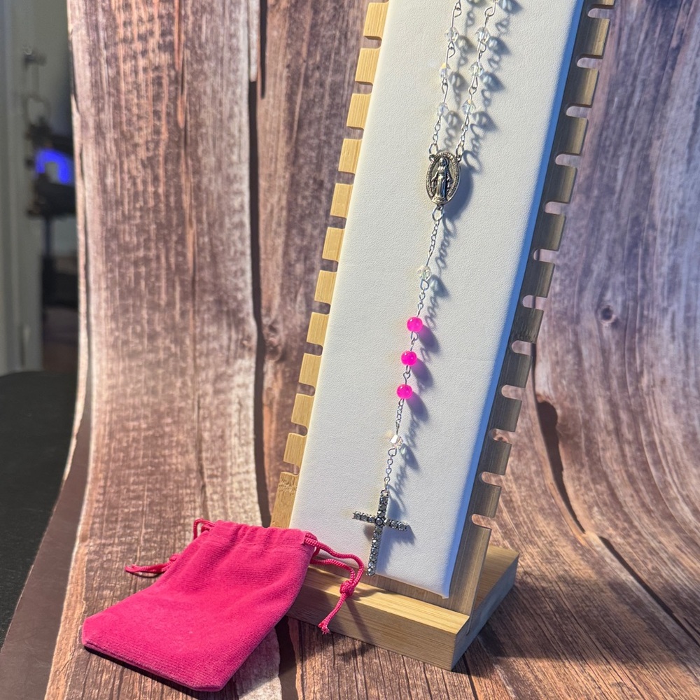 NEW Handmade Pink Beaded Rosary with Carrying Bag Item #PHK898
